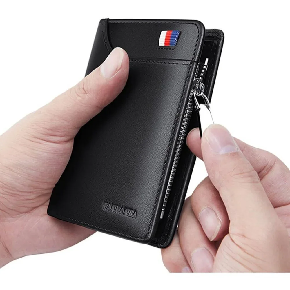 Men's Wallets Card Black Genuine Leather Slim Front Zipper Coin Pocket Design